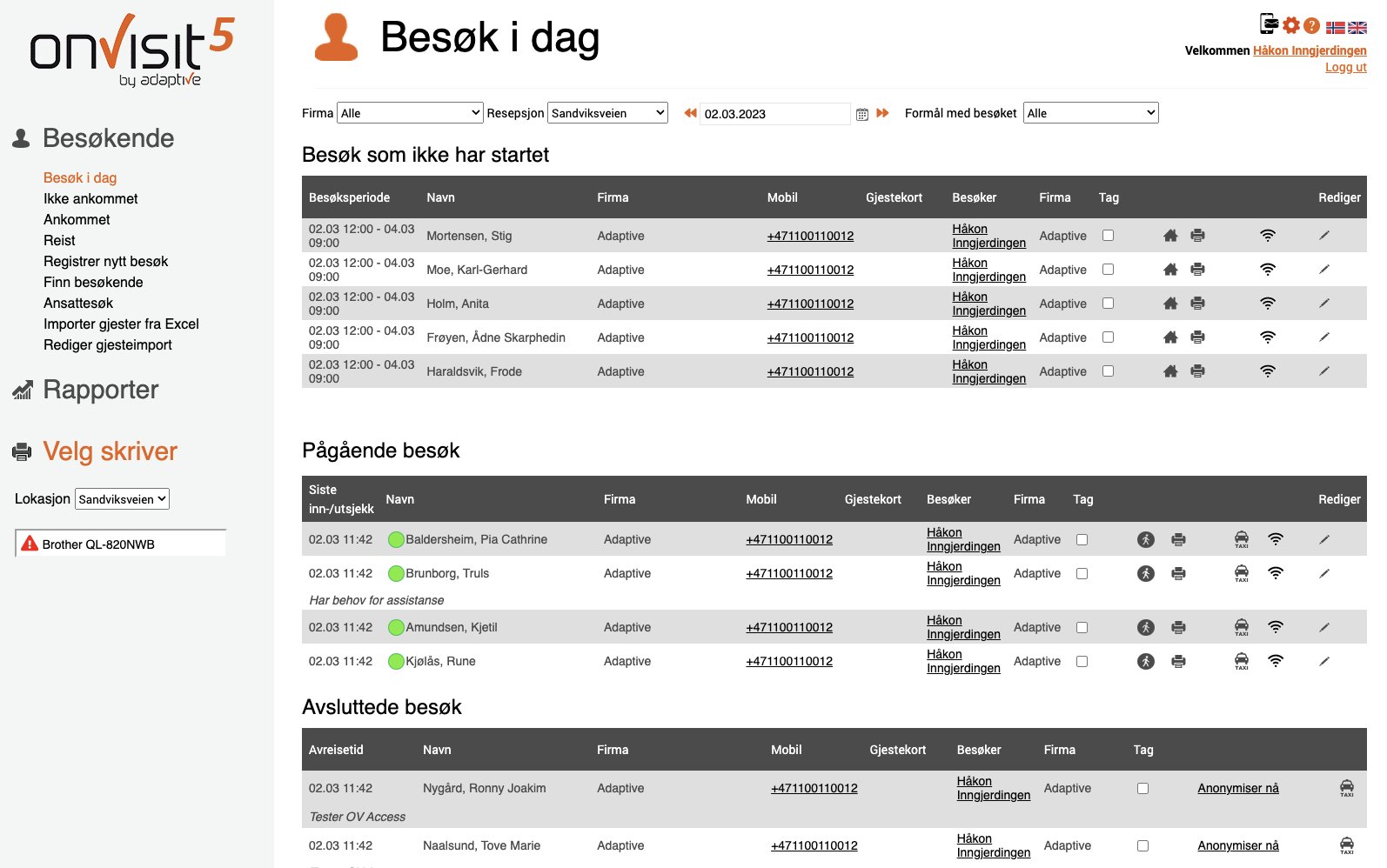 onVisit besøksoversikt i nettleser med dagens besøk, pågående og avsluttede