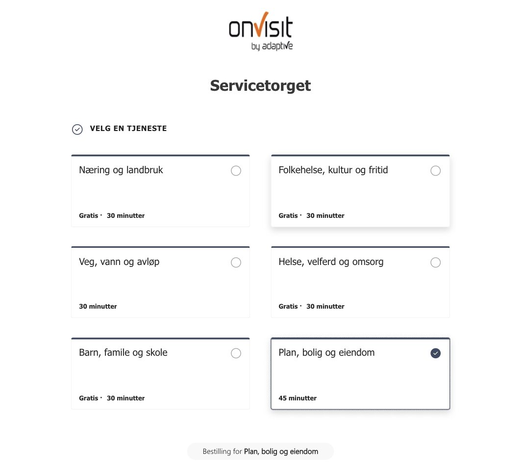 Timebestilling for servicetorget: innbyggeren velger tjenesteområde som plan, bolig og eiendom