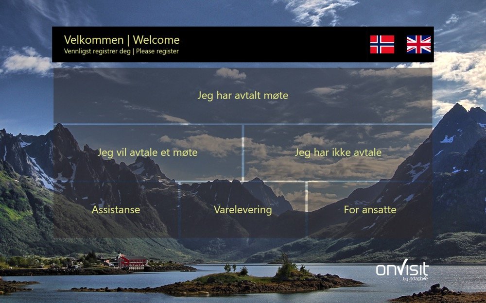 onVisit registreringsskjerm med knapper for avtalt møte, drop-in, assistanse og varelevering