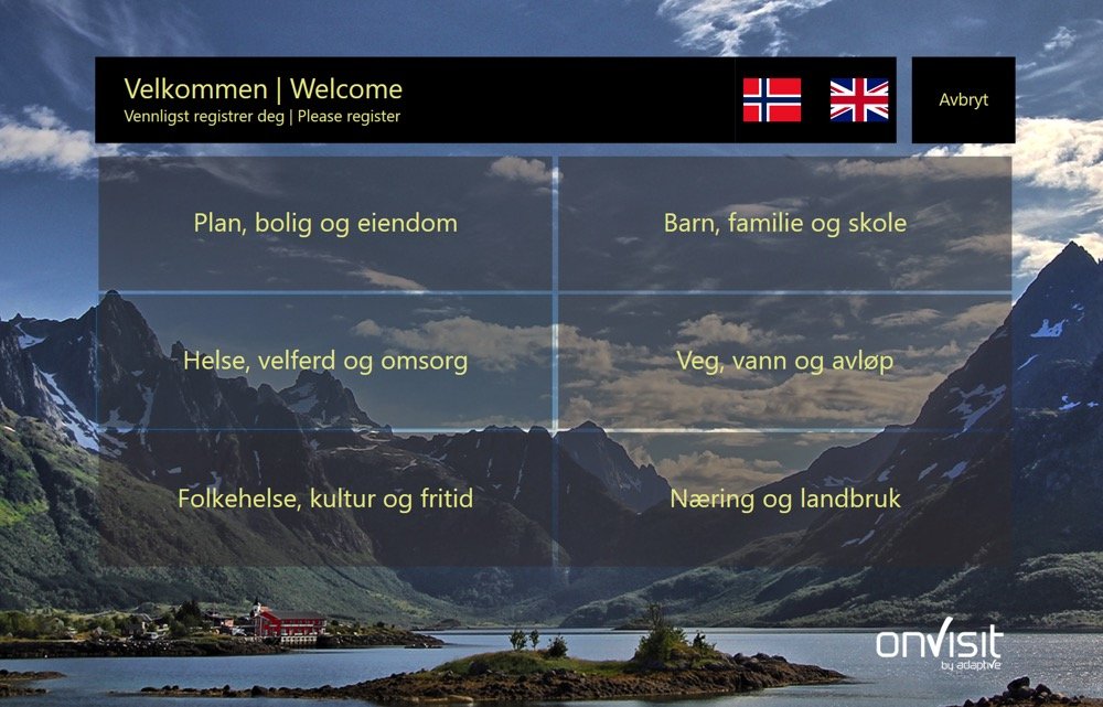 onVisit registreringsskjerm med kommunens tjenesteområder som knapper